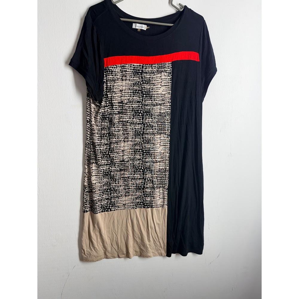 Calvin Klein Womens XL Colorblock T-Shirt Dress Black Red Tan Geometric Pattern